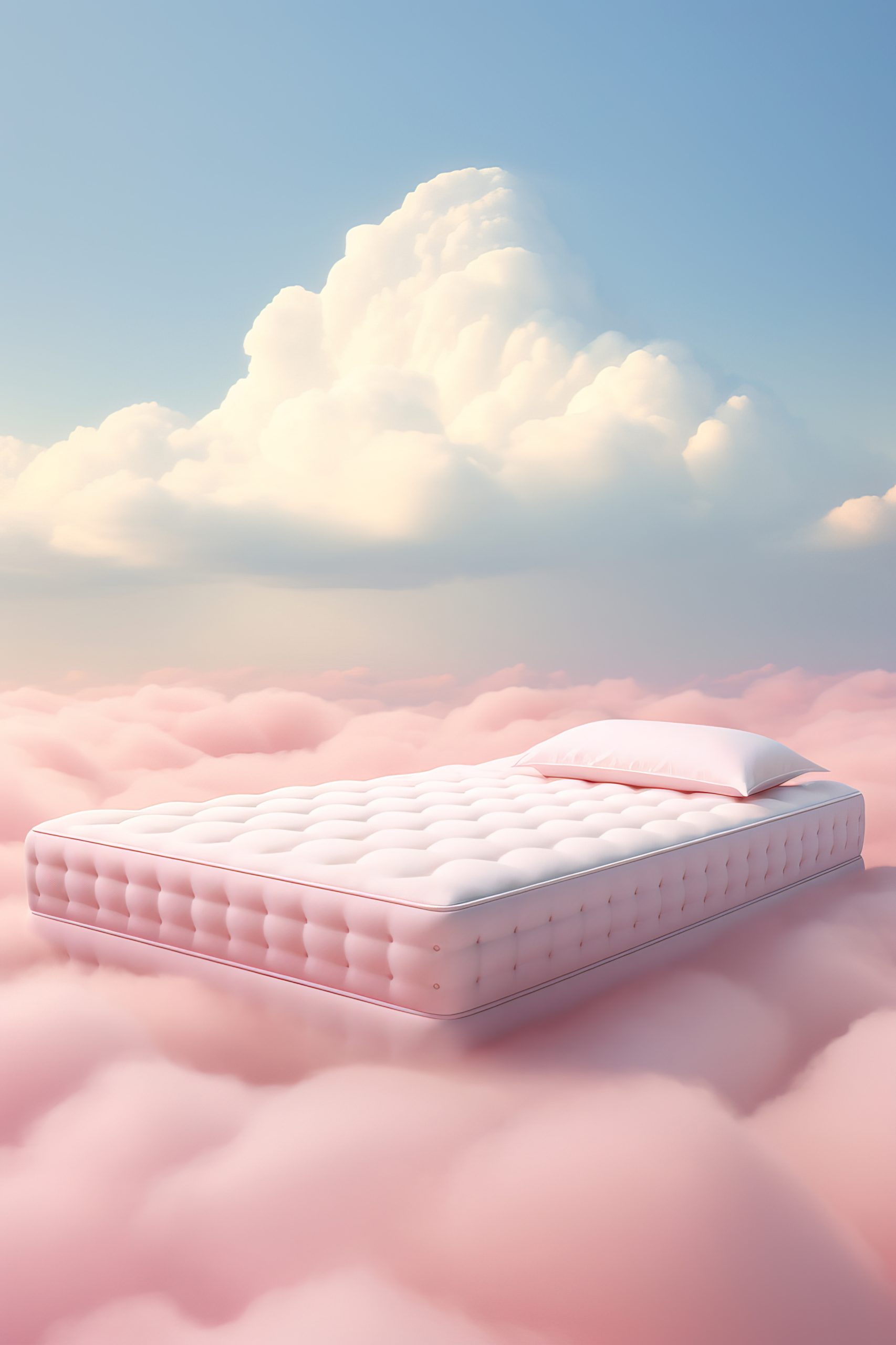 pink mattress at the clouds, in the style of hyperrealistic compositions, realistic yet stylized --ar 2:3 --v 5.2