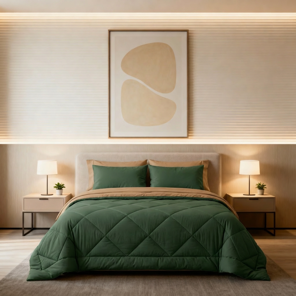 freepik__change-the-pillowcase-and-bedspread-to-the-one-wit__26291 ست روتختی و روبالشی سبز زیتونی دوختدار | طبیعی، شیک و آرامشبخش - تصویر 1